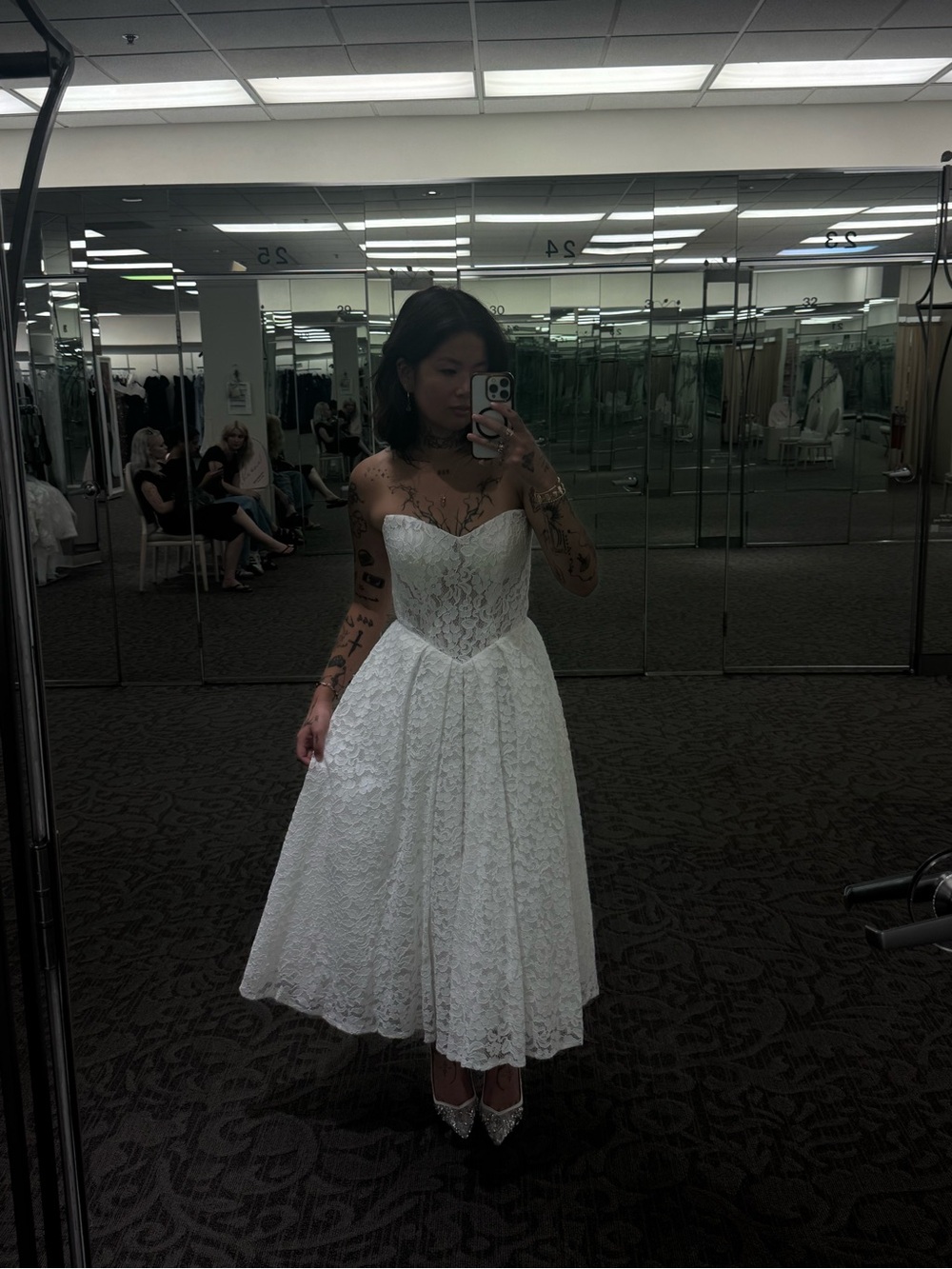 David's Bridal White Strapless Lace Tea-Length Wedding Dress NWT